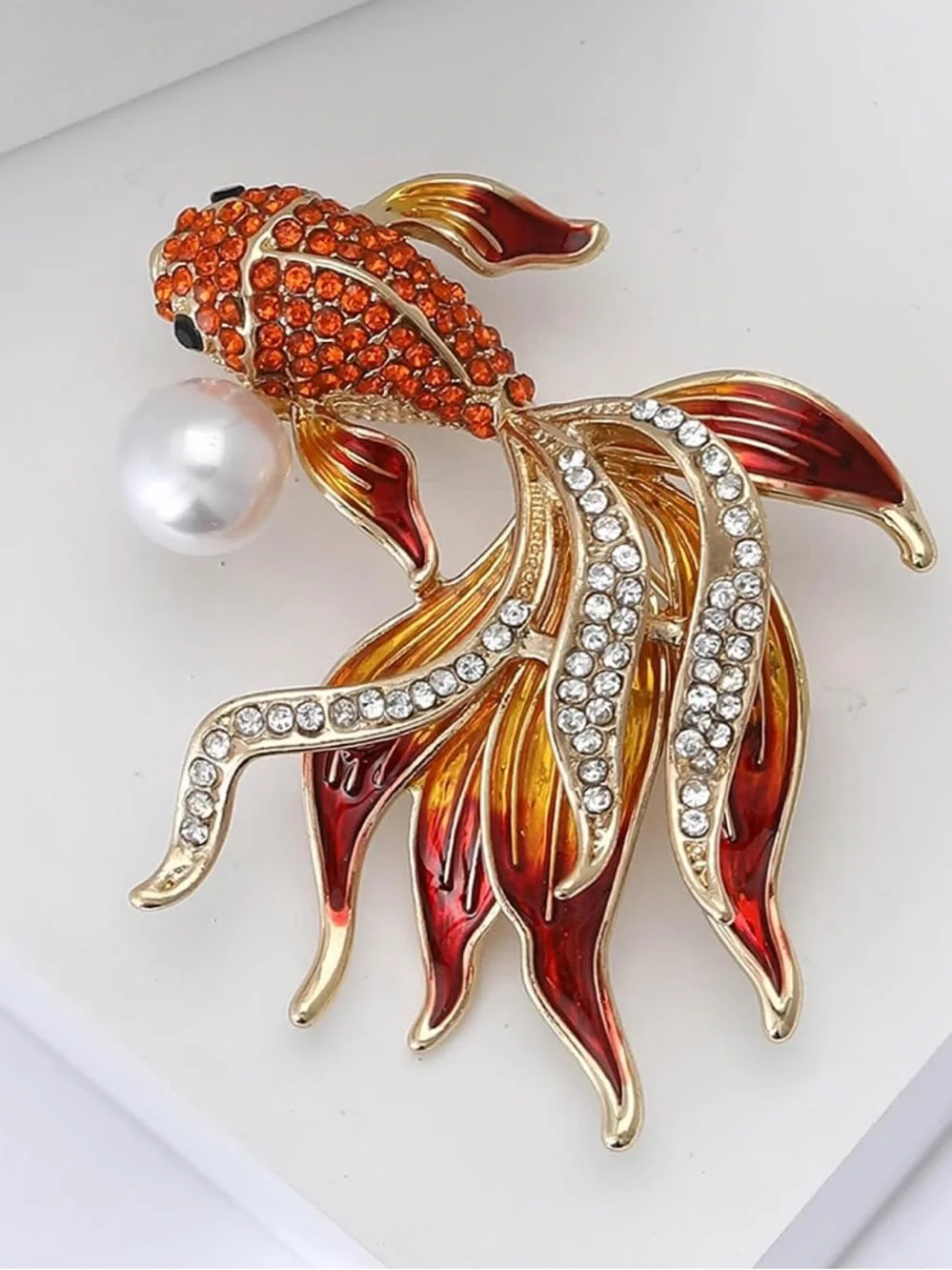 Anthropologie Red & Orange Koi Fish Brooch with Pearl